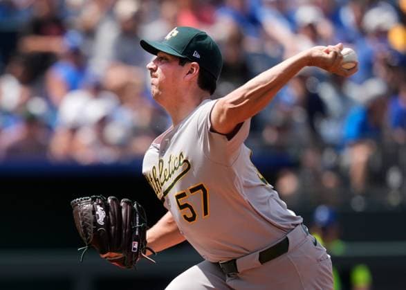 June 14, 2025: Athletics pitcher Jacob Lopez (57) delivers a pitch against the Royals at Kauffman Stadium Kansas City, Missouri. CSM. Kansas City United States - ZUMAc04_ 20250614_zma_c04_017 Copyright: xJonxRobichaudx
