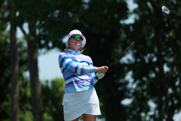Meijer LPGA, Golf Damen Classic BELMONT, MICHIGAN-JUNE 14: Madelene Sagstrom of Sweden plays her tee shot on the 10th hole during the third round of the Meijer LPGA Classic for Simply Give golf tournament at Blythefield Country Club in Belmont, MI, USA Saturday, June 14, 2025. Belmont Michigan United States  Copyright: xJorgexLemusx originalFilename:lemus-meijerlp250614_npqCM.jpg