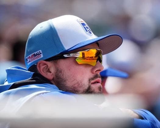June 14, 2025: Royals Micheal Massey on the 10 day DL watches from the benchagainst the Athletics at Kauffman Stadium Kansas City, Missouri. CSM. Kansas City United States - ZUMAc04_ 20250614_zma_c04_022 Copyright: xJonxRobichaudx