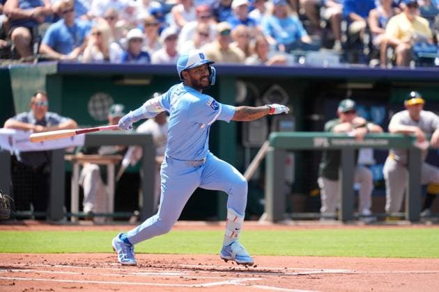June 14, 2025: Kansas City Royals third base Maikel Garcia (11) drives a pitch to right field against the Athletics at Kauffman Stadium Kansas City, Missouri. CSM. Kansas City United States - ZUMAc04_ 20250614_zma_c04_030 Copyright: xJonxRobichaudx