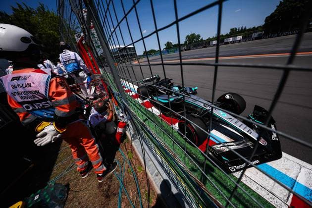 Sport Bilder des Tages F1 - CANADIAN GRAND PRIX 2025 63 RUSSELL George (gbr), Mercedes AMG F1 Team W16, action during the Formula 1 Pirelli Grand Prix du Canada 2025, 10th round of the 2025 FIA Formula One World Championship, WM, Weltmeisterschaft from June 14 to 16, 2025 on the Circuit Gilles Villeneuve, in MontrÃ al, Canada - MontrÃ alCanada  Copyright: xEricxAlonsox