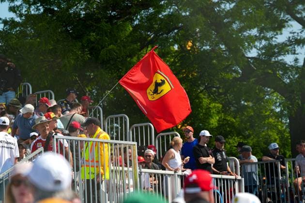 Fans hold up a Ferrari flag during qualifying during Pirelli Grand Prix du Canada 2025 - Qualifying, Formula 1 Championship in Montreal, Canada, June 14 2025  Copyright: xScottxColeman IPAxSportx xipa-agency.netx xx IPA_59060713 IPA_Agency_IPA59060713