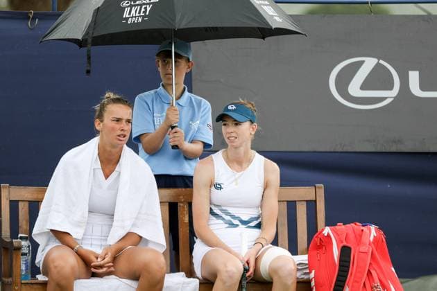 Ilkley Tennis Club, England, June 14th 2025: Isabelle Haverlag and Simona Waltert after the WTA, Tennis Damen 125 Lexus Ilkley Open doubles final match with Vitalia Diatchenko and Eden Silva at Ilkley Tennis Club in Ilkley, England on June 14th 2025. (Sean Chandler SPP) Copyright: xSeanxChandlerx xSPPx spp-en-SeChSp-WTA 125 Lexus Ilkley Open Doubles Final Ilkley Tennis Club-112F5A1779