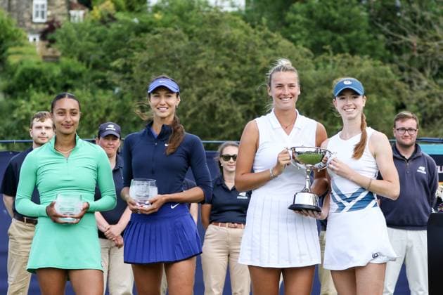 Ilkley Tennis Club, England, June 14th 2025: Isabelle Haverlag and Simona Waltert after the WTA, Tennis Damen 125 Lexus Ilkley Open doubles final match with Vitalia Diatchenko and Eden Silva with the winners? trophy at Ilkley Tennis Club in Ilkley, England on June 14th 2025. (Sean Chandler SPP) Copyright: xSeanxChandlerx xSPPx spp-en-SeChSp-WTA 125 Lexus Ilkley Open Doubles Final Ilkley Tennis Club-42F5A2138
