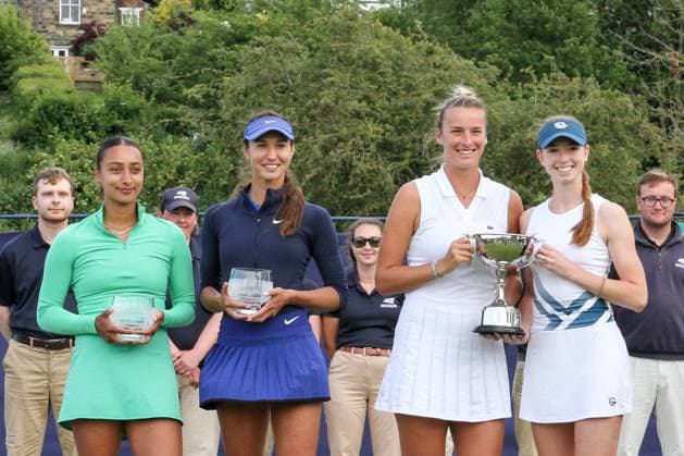 Ilkley Tennis Club, England, June 14th 2025: Isabelle Haverlag and Simona Waltert after the WTA, Tennis Damen 125 Lexus Ilkley Open doubles final match with Vitalia Diatchenko and Eden Silva with the winners? trophy at Ilkley Tennis Club in Ilkley, England on June 14th 2025. (Sean Chandler SPP) Copyright: xSeanxChandlerx xSPPx spp-en-SeChSp-WTA 125 Lexus Ilkley Open Doubles Final Ilkley Tennis Club-27IMG_9435