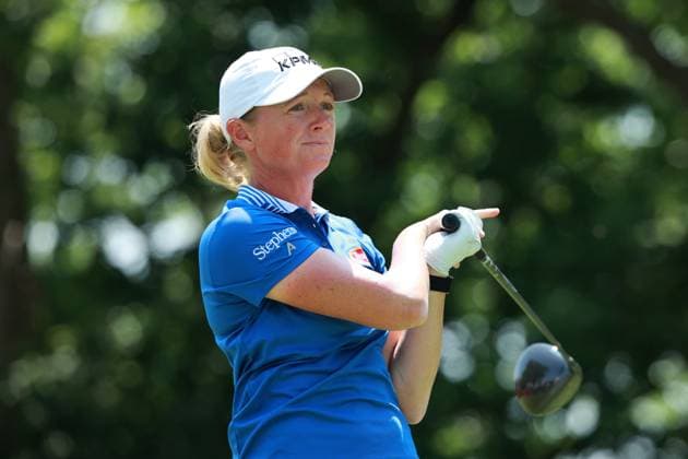 Meijer LPGA, Golf Damen Classic BELMONT, MICHIGAN-JUNE 14: Stacy Lewis of the United States plays her tee shot on the 10th hole during the third round of the Meijer LPGA Classic for Simply Give golf tournament at Blythefield Country Club in Belmont, MI, USA Saturday, June 14, 2025. Belmont Michigan United States  Copyright: xJorgexLemusx originalFilename:lemus-meijerlp250614_npVrQ.jpg