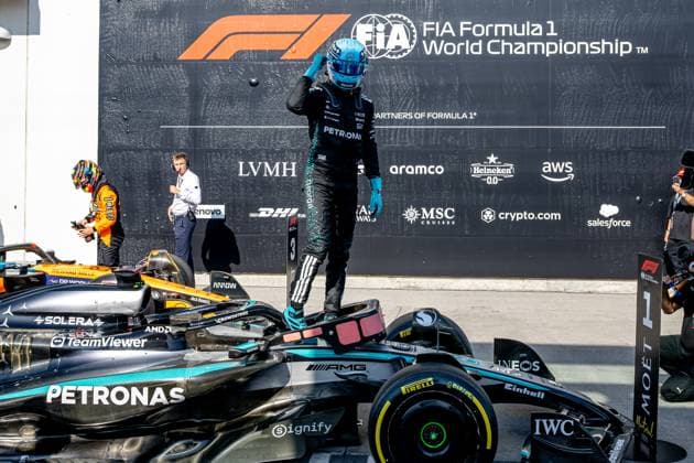 MONTREAL, CANADA: George Russell, racing for the Mercedes team during the 2025 Formula 1 Canadian Grand Prix at the Circuit Gilles Villeneuve in Montreal, Canada