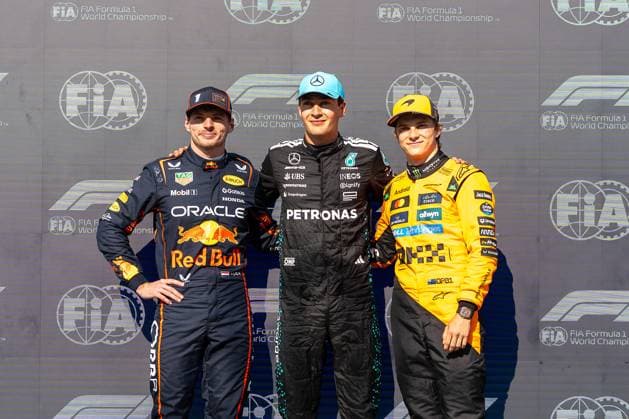 George Russell Mercedes AMG Petronas F1 Team, Great Britain, 63 and Oscar Piastri McLaren Formula 1 Team, Australia 81 and Max Verstappen Oracle Red Bull Racing, Netherlands, 01 Qualifying Top 3, CAN, Formula 1 World Championship, Canadian Grand Prix, Circuit Gilles Villeneuve, Qualifying, 2025 season, 14 06 2025 CAN, Formula 1 World Championship, Canadian Grand Prix, Circuit Gilles Villeneuve, Qualifying, 2025 season, 14 06 2025 Montreal Copyright: xEibner-Pressefoto MarcelxFischerx EP_MFI