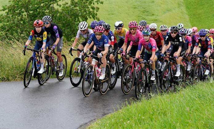 15 06 2025 Switzerland, Tour de Suisse Women 4 Eutappe Kuessnacht SZ Kuessnacht SZ,picture The Peleton on the ascent to Michaelskreuz V left Mary Niam Fisher USA ,Ginia Caluori SUI Team Nexetis Kristen Faulkner USA Team EF Education Oatly, right Demi Vollering NED Team FDJ Suez Action