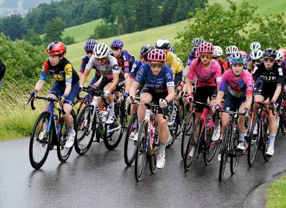 15 06 2025 Switzerland, Tour de Suisse Women 4 Eutappe Kuessnacht SZ Kuessnacht SZ,picture The Peleton on the ascent to Michaelskreuz V left Mary Niam Fisher USA ,Ginia Caluori SUI Team Nexetis,Kristen Faulkner USA Team EF Education Oatly, right Demi Vollering NED Team FDJ Suez Action