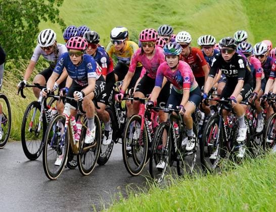 15 06 2025 Switzerland, Tour de Suisse Women 4 Eutappe Kuessnacht SZ Kuessnacht SZ,picture The Peleton on the ascent to Michaelskreuz V left Ginia Caluori SUI Team Nexetis,Kristen Faulkner USA Team EF Education Oatly, in yellow Marlen Reusser SUI Team Movistar right Demi Vollering NED Team FDJ Suez Action