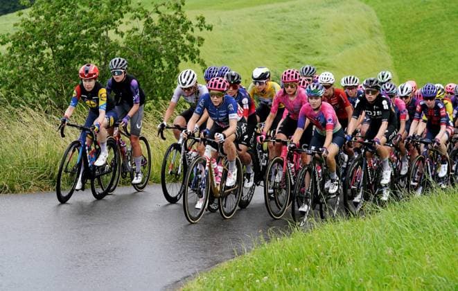15 06 2025 Switzerland, Tour de Suisse Women 4 Eutappe Kuessnacht SZ Kuessnacht SZ,picture The Peleton on the ascent to Michaelskreuz V left Mary Niam Fisher USA ,Ginia Caluori SUI Team Nexetis,Kristen Faulkner USA Team EF Education Oatly, right Demi Vollering NED Team FDJ Suez Action