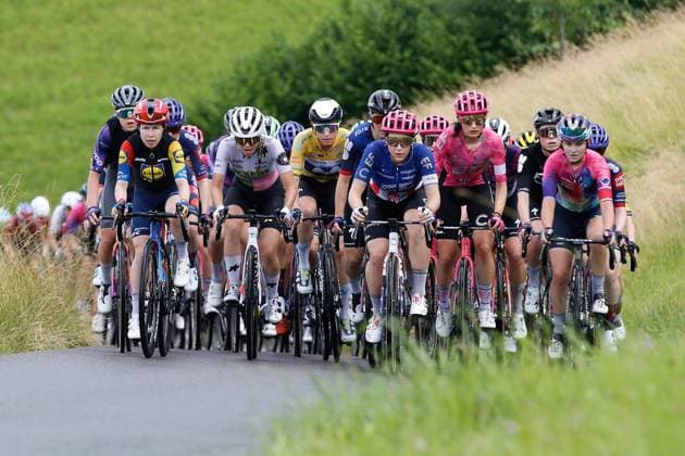 TDS Women Ginia Caluori, Marlen Reusser and Kristen Faulkner 15 06 2025 Kuessnacht, SWITZERLAND, Tour de Suisse Women 4 Etappe Kuessnacht Kuessnacht vl Mary Fisher Black, Ginia Caluori, Marlen Reusser and Kristen Faulkner on the ascent to Michaelskreuz