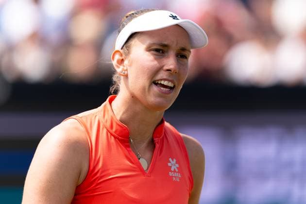 2025-06-15 2025 Libema Open Grass Court Championships ROSMALEN, NETHERLANDS - JUNE 15: Elise Mertens of Belgium reacts during Day Seven of 2025 Libema Open Grass Court Championships at Autotron on June 15, 2025 in Rosmalen, Netherlands. Rosmalen Autotron Netherlands Content not available for redistribution in The Netherlands directly or indirectly through any third parties. Copyright: xJorisxVerwijstx