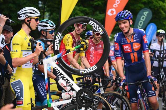 Criterium du Dauphine 2025 Stage 8 VAL-CENIS PLATEAU DU MONT-CENIS, FRANCE - JUNE 15 : Pogacar Tadej (SLO) of UAE Team Emirates - XRG, Bardet Romain (FRA) of Team Picnic PostNL during stage 8 of the 77th edition of Criterium du Dauphine Libere an UCI World Tour 2.UWT cycling road race stage for Men Elite of 133.3 km with start in Val-d Arc and finish in Val-Cenis Plateau du Mont-Cenis on June 15, 2025 in Val-Cenis Plateau du Mont-Cenis, France, 15 06 2025 ( Motordriver Kenny Verfaillie - Val-Cenis Plateau du Mont-Cenis France  Copyright: xVincentxKalutx