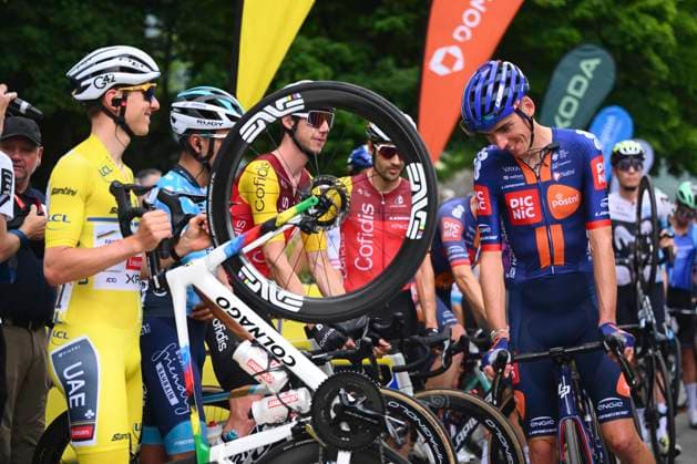 Criterium du Dauphine 2025 Stage 8 VAL-CENIS PLATEAU DU MONT-CENIS, FRANCE - JUNE 15 : Pogacar Tadej (SLO) of UAE Team Emirates - XRG and Bardet Romain (FRA) of Team Picnic PostNL during stage 8 of the 77th edition of Criterium du Dauphine Libere an UCI World Tour 2.UWT cycling road race stage for Men Elite of 133.3 km with start in Val-d Arc and finish in Val-Cenis Plateau du Mont-Cenis on June 15, 2025 in Val-Cenis Plateau du Mont-Cenis, France, 15 06 2025 ( Motordriver Kenny Verfaillie - Val-Cenis Plateau du Mont-Cenis France  Copyright: xVincentxKalutx