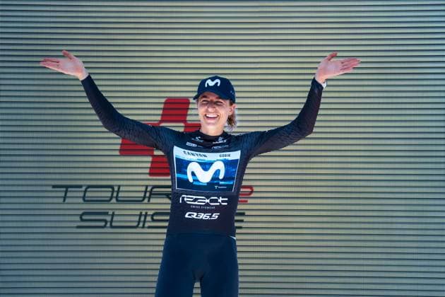 Küssnacht, Schweiz, June 15, 2025 REUSSER Marlen (MOVISTAR TEAM) wons the point classificatiom React after the Stage 4, Tour de Suisse Women 2025 Host in Küssnacht SZ (Pascal von Büren SPP) Copyright: xPascalxvonxBürenx xSPPx spp-en-PaVoBSp-Pavo-TDS-Women-129