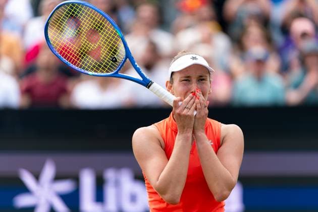 2025-06-15 2025 Libema Open Grass Court Championships ROSMALEN, NETHERLANDS - JUNE 15: Elise Mertens of Belgium celebrating her sides win during Day Seven of 2025 Libema Open Grass Court Championships at Autotron on June 15, 2025 in Rosmalen, Netherlands. Rosmalen Autotron Netherlands Content not available for redistribution in The Netherlands directly or indirectly through any third parties. Copyright: xJorisxVerwijstx