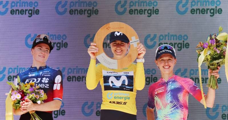 15 06 2025 Switzerland, Tour de Suisse Women 4 Eutappe Kuessnacht SZ Kuessnacht SZ,picture picture Demi Vollering NED Team FDJ Suez,overall winner Marlen Reusser SUI Team Movistar ,Katarz Niewiadoma POL action
