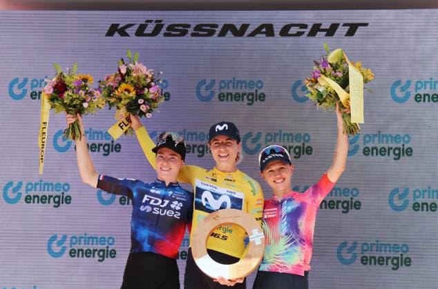 15 06 2025 Switzerland, Tour de Suisse Women 4 Eutappe Kuessnacht SZ Kuessnacht SZ,picture picture Demi Vollering NED Team FDJ Suez,overall winner Marlen Reusser SUI Team Movistar ,Katarzzyna Niewiadoma POL action