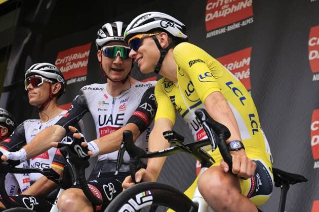 CICLISMO - Ciclismo Su Strada - Criterium du Dauphine 2025 - Stage 8 Tadej POGACAR and Tim WELLENS, UAE Team Emirates - XRG, during the presentation team, during the Criterium du Dauphine 2025, Cycling event, Stage 8, Val-d Arc > Val-Cenis - Plateau du Mont-Cenis (133,3 Km) on 15 June 2025 in Val-Cenis, France during Criterium du Dauphine 2025 - Stage 8, Street Cycling race in France, France, June 15 2025 France France Copyright: xIPAxSport ABACAx