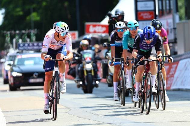 French Samuel Leroux of TotalEnergies pictured in action during the Elfstedenronde one day cycling race, race 4 (out of 8) of the Lotto Belgium Cup, 196 km with start and finish in Brugge, Sunday 15 June 2025. DAVIDxPINTENS  x127044335x