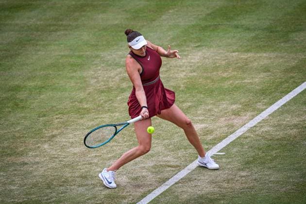 15th June 2025; HSBC Championships, Queens Club, West Kensington, London, England: HSBC Womens Championships Queens Club, Day 7; Amanda Anisimova (USA) returns serve tp Tatjana Maria (GER) in the womens singles final  ActionPlus12801356 GodfreyxPitt