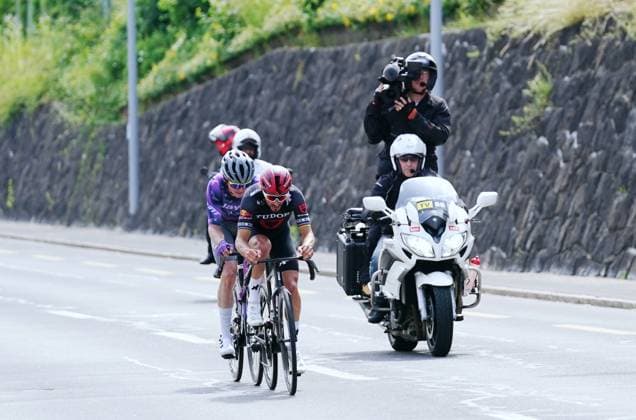 15 06 2025 Switzerland Tour de Suisse Men 2025 Stage Kuessnacht Kuesnacht Picture The runaways in front Julian Alphilippe FRA Team Tudor, behind Felix Engelhardt Team Jayco Alula Accompanied by TV Motorrad Aktion