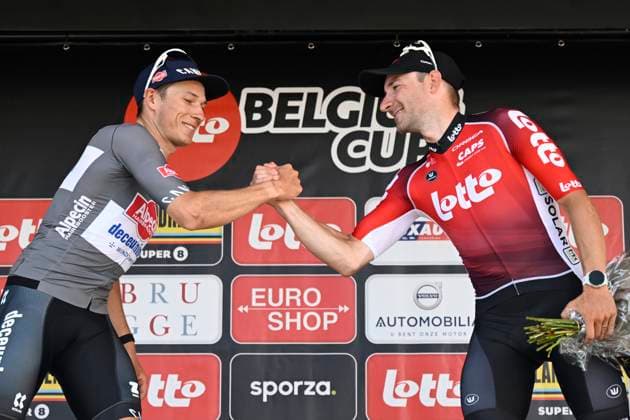 Elfstedenronde 2025 Cycling Race BRUGGE, BELGIUM - JUNE 15 : Philipsen Jasper (BEL) of Alpecin-Deceuninck and Viviani Elia (ITA) of Lotto Cycling Team pictured during the podium ceremony of the 43th edition of Elfstedenronde an UCI Class 1.1 one day cycling road race for Men Elite of 196 km with start in Brugge and finish in Brugge on June 15, 2025 in Brugge, Belgium, 15 06 2025 ( Motordriver Guy De Vuyst - Brugge Belgium  Copyright: xNicoxVereeckenx