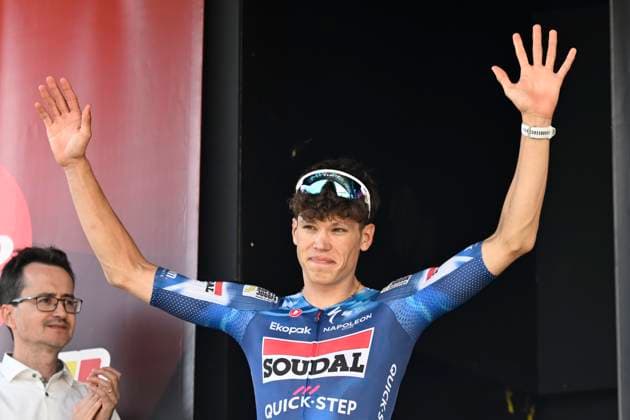 Elfstedenronde 2025 Cycling Race BRUGGE, BELGIUM - JUNE 15 : Magnier Paul (FRA) of Soudal - Quick Step pictured during the podium ceremony of the 43th edition of Elfstedenronde an UCI Class 1.1 one day cycling road race for Men Elite of 196 km with start in Brugge and finish in Brugge on June 15, 2025 in Brugge, Belgium, 15 06 2025 ( Motordriver Guy De Vuyst - Brugge Belgium  Copyright: xNicoxVereeckenx