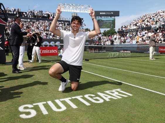 BAU Stuttgart Tennis , BOSS Open final, winner Taylor Fritz USA with his trophy at the award ceremony