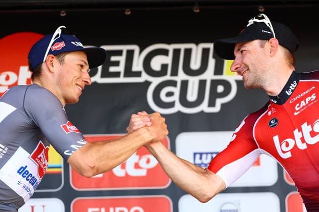 Belgian Jasper Philipsen of Alpecin-Deceuninck and Italian Attilio Viviani of Lotto pictured on the podium after the Elfstedenronde one day cycling race, race 4 (out of 8) of the Lotto Belgium Cup, 196 km with start and finish in Brugge, Sunday 15 June 2025. DAVIDxPINTENS  x127047967x