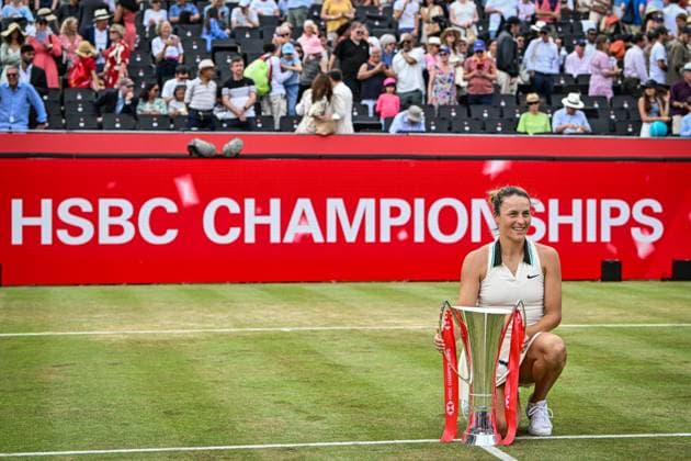15th June 2025; HSBC Championships, Queens Club, West Kensington, London, England: HSBC Womens Championships Queens Club, Day 7; Tatjana Maria (GER) celebrates with the new women s trophy after winning the womens singles final against Amanda Anisimova (USA)  ActionPlus12801502 GodfreyxPitt
