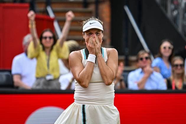 15th June 2025; HSBC Championships, Queens Club, West Kensington, London, England: HSBC Womens Championships Queens Club, Day 7; Tatjana Maria (GER) celebrates winning the Women s singles final HSBC Championship 2025  ActionPlus12801486 GodfreyxPitt