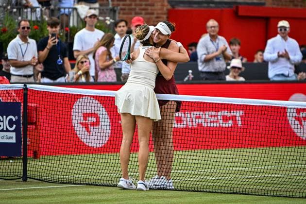 15th June 2025; HSBC Championships, Queens Club, West Kensington, London, England: HSBC Womens Championships Queens Club, Day 7; Amanda Anisimova (USA) congratulates Tatjana Maria (GER) on winning the Women s singles final HSBC Championship 2025  ActionPlus12801489 GodfreyxPitt