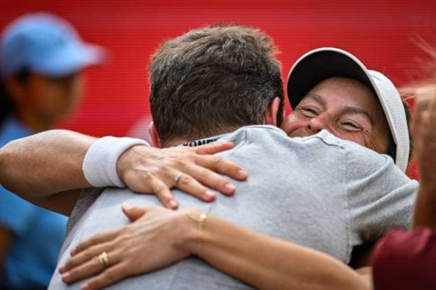 15th June 2025; HSBC Championships, Queens Club, West Kensington, London, England: HSBC Womens Championships Queens Club, Day 7; Tatjana Maria (GER) gets a hug from her coach after winning the Women s singles final HSBC Championship 2025  ActionPlus12801491 GodfreyxPitt