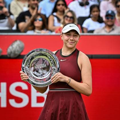15th June 2025; HSBC Championships, Queens Club, West Kensington, London, England: HSBC Womens Championships Queens Club, Day 7; Amanda Anisimova (USA) holds the runners-up plate after her womens singles final loss to Tatjana Maria (GER)  ActionPlus12801492 GodfreyxPitt