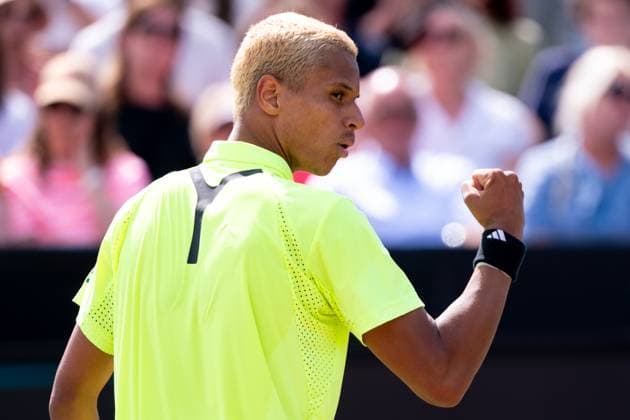 2025-06-15 2025 Libema Open Grass Court Championships ROSMALEN, NETHERLANDS - JUNE 15: Gabriel Diallo of Canada reacts during Day Seven of 2025 Libema Open Grass Court Championships at Autotron on June 15, 2025 in Rosmalen, Netherlands. Rosmalen Autotron Netherlands Content not available for redistribution in The Netherlands directly or indirectly through any third parties. Copyright: xJorisxVerwijstx