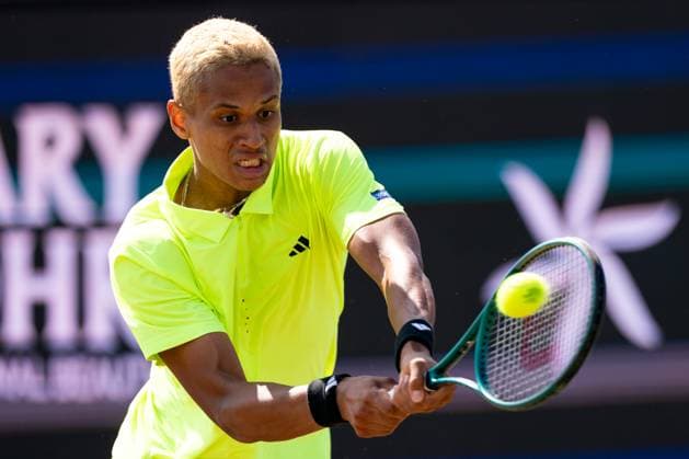 2025-06-15 2025 Libema Open Grass Court Championships ROSMALEN, NETHERLANDS - JUNE 15: Gabriel Diallo of Canada in action during Day Seven of 2025 Libema Open Grass Court Championships at Autotron on June 15, 2025 in Rosmalen, Netherlands. Rosmalen Autotron Netherlands Content not available for redistribution in The Netherlands directly or indirectly through any third parties. Copyright: xJorisxVerwijstx