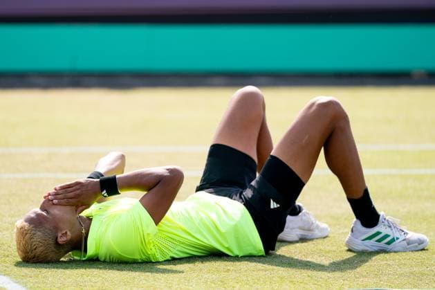 2025-06-15 2025 Libema Open Grass Court Championships ROSMALEN, NETHERLANDS - JUNE 15: Gabriel Diallo of Canada celebrating his sides win during Day Seven of 2025 Libema Open Grass Court Championships at Autotron on June 15, 2025 in Rosmalen, Netherlands. Rosmalen Autotron Netherlands Content not available for redistribution in The Netherlands directly or indirectly through any third parties. Copyright: xJorisxVerwijstx