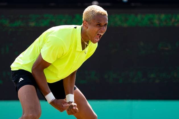 2025-06-15 2025 Libema Open Grass Court Championships ROSMALEN, NETHERLANDS - JUNE 15: Gabriel Diallo of Canada celebrating his sides win during Day Seven of 2025 Libema Open Grass Court Championships at Autotron on June 15, 2025 in Rosmalen, Netherlands. Rosmalen Autotron Netherlands Content not available for redistribution in The Netherlands directly or indirectly through any third parties. Copyright: xJorisxVerwijstx