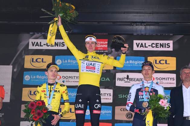 Criterium du Dauphine 2025 Stage 8 VAL-CENIS PLATEAU DU MONT-CENIS, FRANCE - JUNE 15 : Vingegaard Jonas (DEN) of Team Visma - Lease a Bike, Pogacar Tadej (SLO) of UAE Team Emirates - XRG and Lipowitz Florian (GER) of Red Bull BORA - Hansgrohe pictured during the podium ceremony of stage 8 of the 77th edition of Criterium du Dauphine Libere an UCI World Tour 2.UWT cycling road race stage for Men Elite of 133.3 km with start in Val-d Arc and finish in Val-Cenis Plateau du Mont-Cenis on June 15, 2025 in Val-Cenis Plateau du Mont-Cenis, France, 15 06 2025 ( Motordriver Kenny Verfaillie - Val-Cenis Plateau du Mont-Cenis France  Copyright: xVincentxKalutx