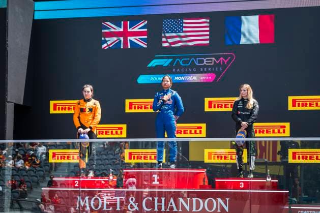 AUTO - F1 ACADEMY 2025 - MONTREAL Podium Race 3 14 CHAMBERS Chloe (usa), Campos Racing, Tatuus F4-T421, action, 20 LLOYD Ella (gbr), Rodin Motorsport, Supporter by McLaren, Tatuus, F4-T421, action, 28 PIN Doriane (fra), Prema Racing, Supporter by Mercedes, Tatuus F4-T421, action during the 4th round of the 2025 F1 Academy Championship from June 14 to 16, 2025 on the Circuit Gilles Villeneuve, in Montrà al, Canada - Montrà alCanada Copyright: xAlexisxPerrinx