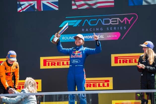 AUTO - F1 ACADEMY 2025 - MONTREAL Race winner podium 14 CHAMBERS Chloe (usa), Campos Racing, Tatuus F4-T421, action during the 4th round of the 2025 F1 Academy Championship from June 14 to 16, 2025 on the Circuit Gilles Villeneuve, in MontrÃ al, Canada - MontrÃ alCanada  Copyright: xAlexisxPerrinx