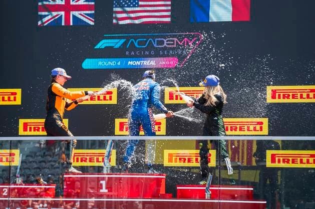 AUTO - F1 ACADEMY 2025 - MONTREAL Podium celebration 14 CHAMBERS Chloe (usa), Campos Racing, Tatuus F4-T421, action, 20 LLOYD Ella (gbr), Rodin Motorsport, Supporter by McLaren, Tatuus, F4-T421, action, 28 PIN Doriane (fra), Prema Racing, Supporter by Mercedes, Tatuus F4-T421, action during the 4th round of the 2025 F1 Academy Championship from June 14 to 16, 2025 on the Circuit Gilles Villeneuve, in Montrà al, Canada - Montrà alCanada Copyright: xAlexisxPerrinx