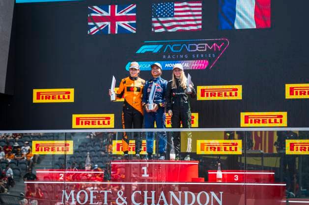 AUTO - F1 ACADEMY 2025 - MONTREAL Podium picture 14 CHAMBERS Chloe (usa), Campos Racing, Tatuus F4-T421, action, 20 LLOYD Ella (gbr), Rodin Motorsport, Supporter by McLaren, Tatuus, F4-T421, action, 28 PIN Doriane (fra), Prema Racing, Supporter by Mercedes, Tatuus F4-T421, action during the 4th round of the 2025 F1 Academy Championship from June 14 to 16, 2025 on the Circuit Gilles Villeneuve, in Montrà al, Canada - Montrà alCanada Copyright: xAlexisxPerrinx