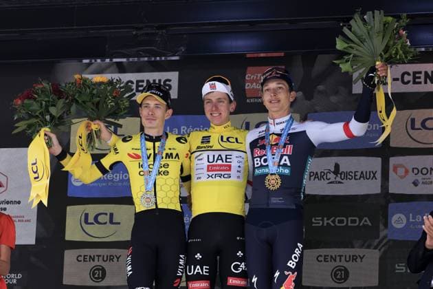 Tadej POGACAR, UAE Team Emirates - XRG, Winner Criterium du Dauphine 2025, Jonas VINGEGAARD, Team Visma Lease a Bike,Florian Lipowitz, Red Bull - BORA - hansgrohe, during the award ceremony, during the Criterium du Dauphine 2025, Cycling event, Stage 8, Val-d Arc > Val-Cenis - Plateau du Mont-Cenis (133,3 Km) on 15 June 2025 in Val-Cenis, France during Criterium du Dauphine 2025 - Stage 8, Street Cycling race in France, France, June 15 2025 Copyright: xStefanoxCavasino IPAxSportx xipa-agency.netx xx IPA_59100164 IPA_Agency_IPA59100164