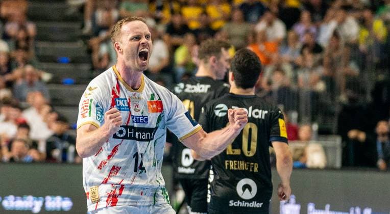 15 06 2025, Handball, Men, Truckscout 25 EHF Final4 2025, Champions League, Final Four 2024, EHF, Final, Füchse Berlin SC Magdeburg, Ömar Ingi Magnusson SC Magdeburg celebrates victory after the final whistle Cologne Lanxess Arena North Rhine-Westphalia Germany