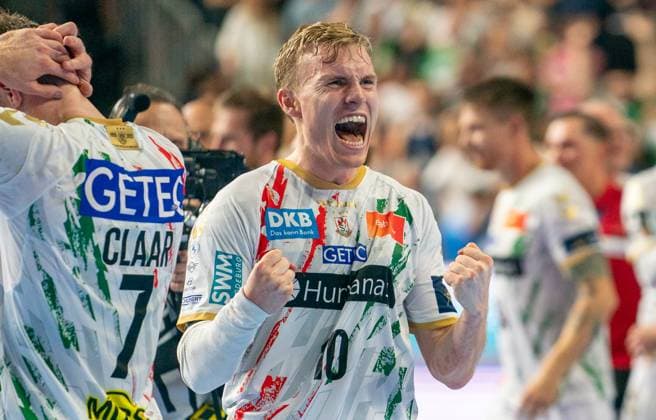 15 06 2025, Handball, Men, Truckscout 25 EHF Final4 2025, Champions League, Final Four 2024, EHF, Final, Füchse Berlin SC Magdeburg, Gisli Thorgeir Kristjansson SC Magdeburg celebrates after winning the final Cologne Lanxess Arena North Rhine-Westphalia Germany