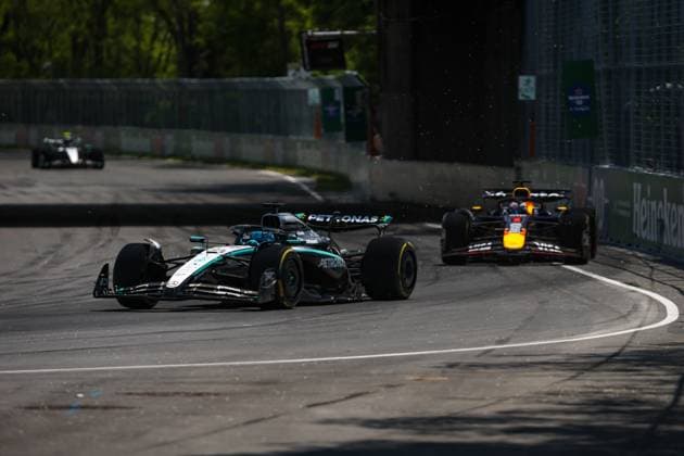 F1 - CANADIAN GRAND PRIX 2025 63 RUSSELL George (gbr), Mercedes AMG F1 Team W16, action, 01 VERSTAPPEN Max (nld), Red Bull Racing RB21, action during the Formula 1 Pirelli Grand Prix du Canada 2025, 10th round of the 2025 FIA Formula One World Championship, WM, Weltmeisterschaft from June 14 to 16, 2025 on the Circuit Gilles Villeneuve, in Montrà al, Canada - MontrCanada Copyright: xXavixBonillax